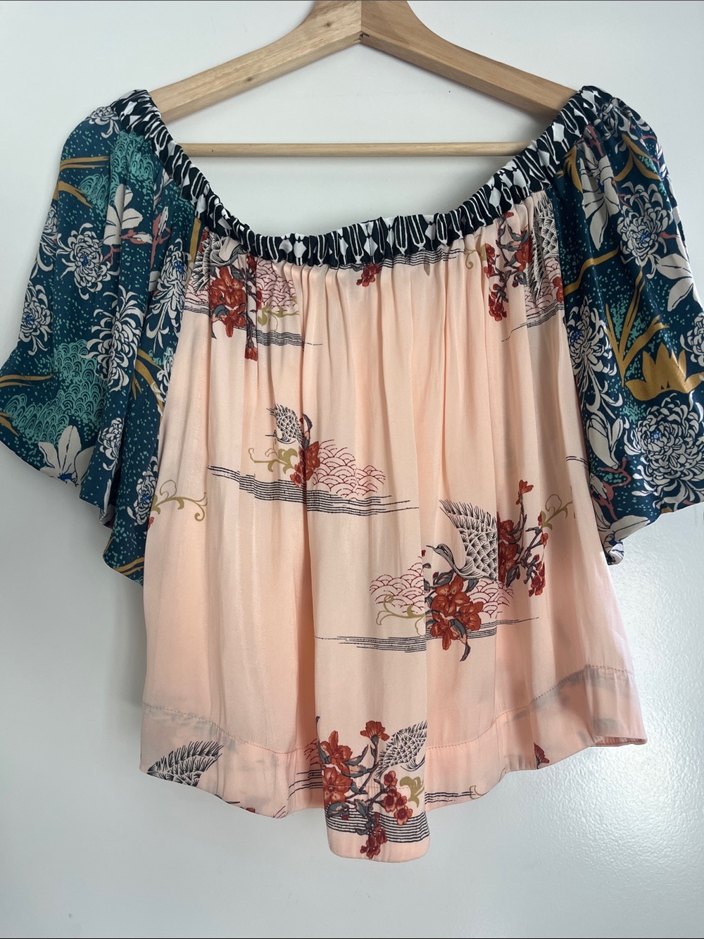 Free People Peach Floral Off-Shoulder Top with Teal Balloon Sleeves
